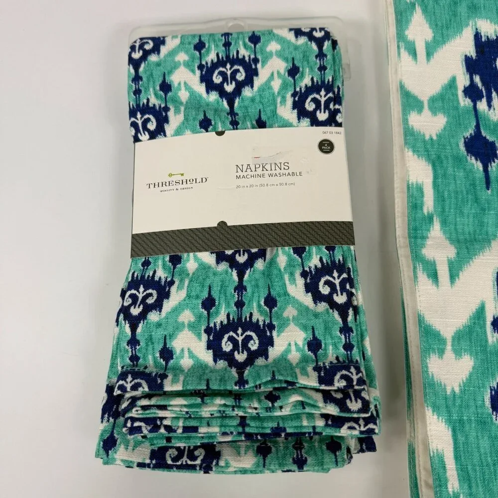 Threshold Teal Blue Teal Green Ikat Table Runner & Napkins Set